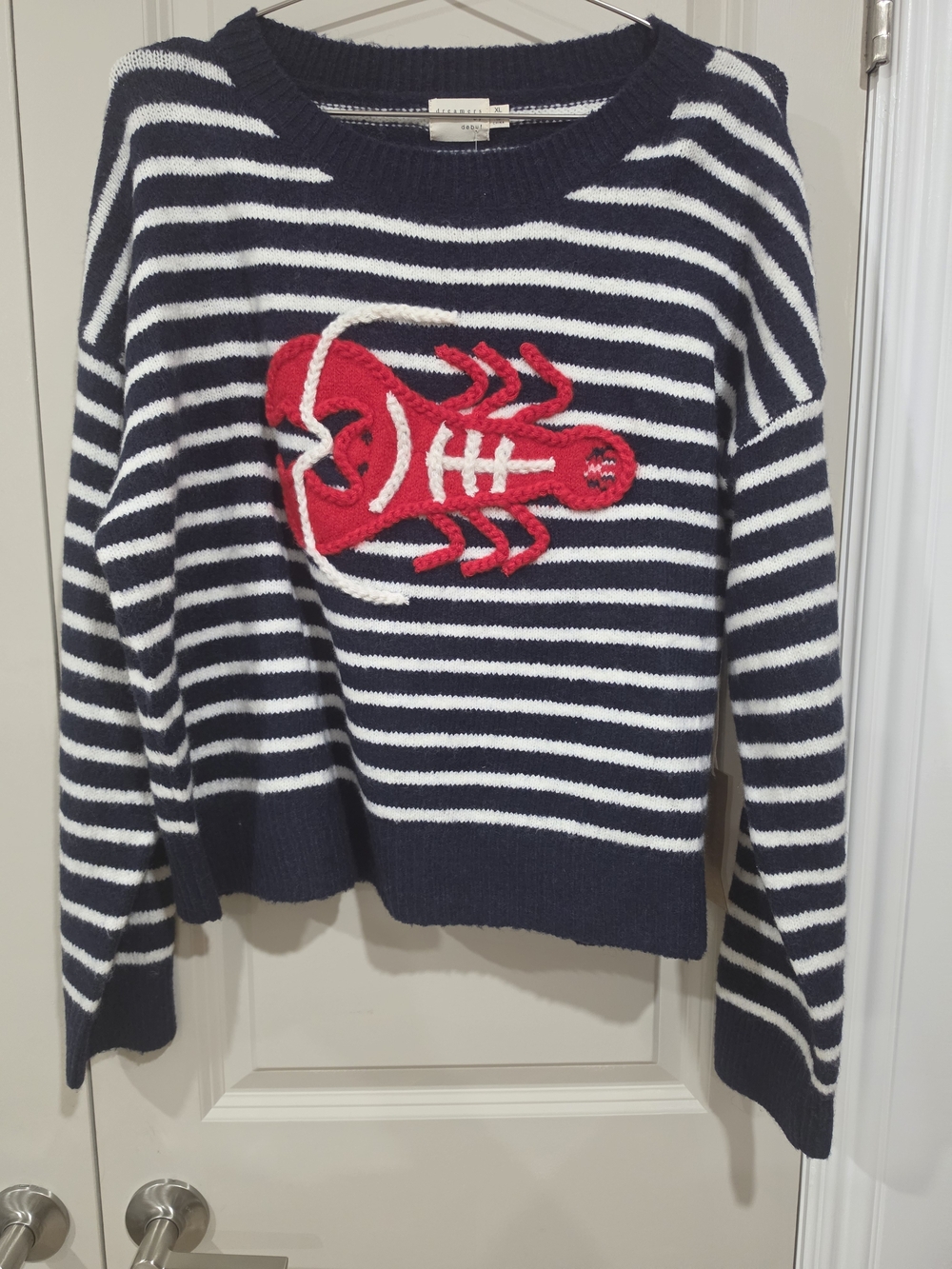 Dreamers By Debut Striped Crewneck Sweater with Red Lobster Applique XL NWT